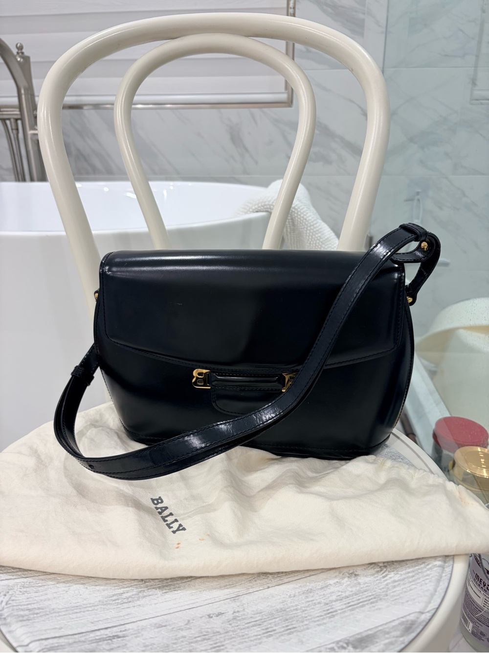 Authentic Vintage Bally Black Leather Crossbody Bag with Gold BB Hardware